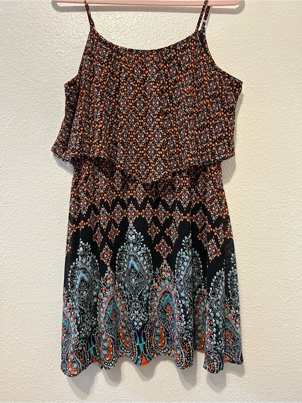 Eyeshadow Black Mini Dress with Orange & Teal Paisley Accents